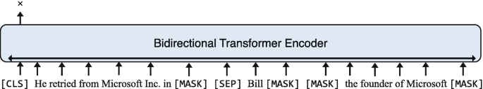 An illustration of the next sentence prediction model. The input text sequence feeds into a bidirectional transformer encoder. It adds a C L S token at the beginning of the sentence to utilize the representation and 4 MASK tokens in the sentence.