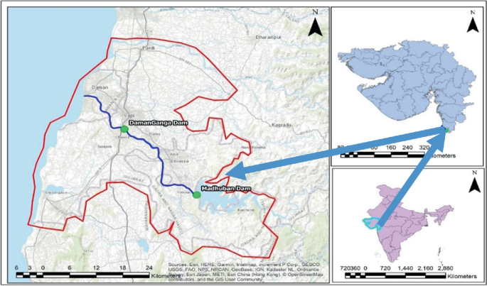 A map of Surat, Gujarat, and India. The map of Surat marks Damanganga dam and Madhuban dam.