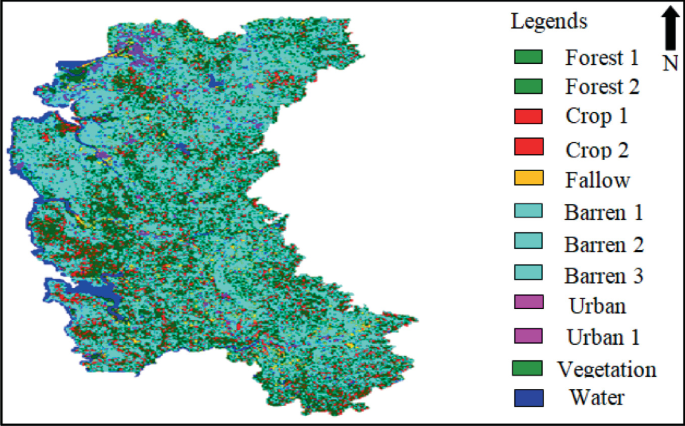 A map traces forest 1, forest 2, crop 1, crop 2, fallow, barren 1, barren 2, barren 3, urban, urban 1, vegetation, and water areas of the Raigad district.