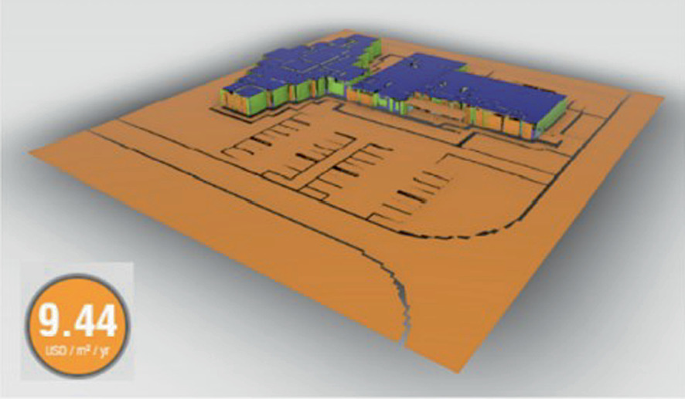 A 3-D model of energy evaluation of a structure with step-like boundaries at the top is connected to a T-shaped building.