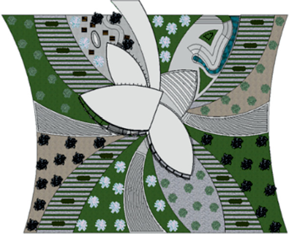 A building plan in the shape of a flower within the concave shape of the land. The overall appearance of the structure is 4 overlapping petals and an elongated and expanding stem. The surrounding yard has a series of curved paths lined with plants.