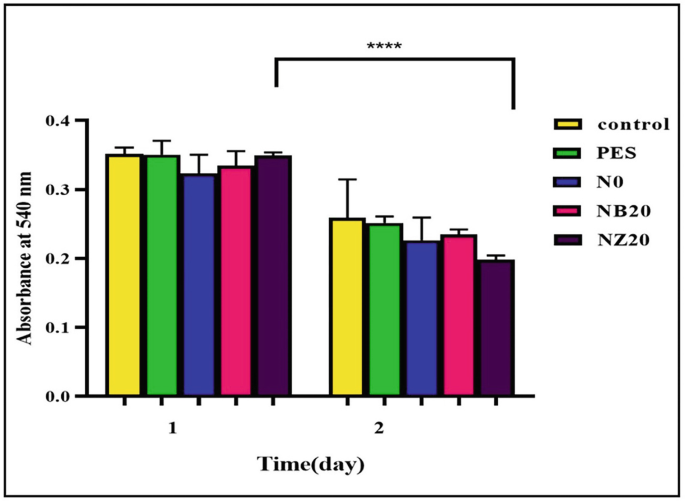 A multi bar graph with error bars of absorbance at 540 nanometers versus time plots for control P E S, N 0, N B 20, and N Z 20. On day 1 the maximum absorbance of 0.35 is exhibited by control, P E S, and N Z 20. On day 2 the maximum absorbance of 0.25 is exhibited by the control. Values are approximate.