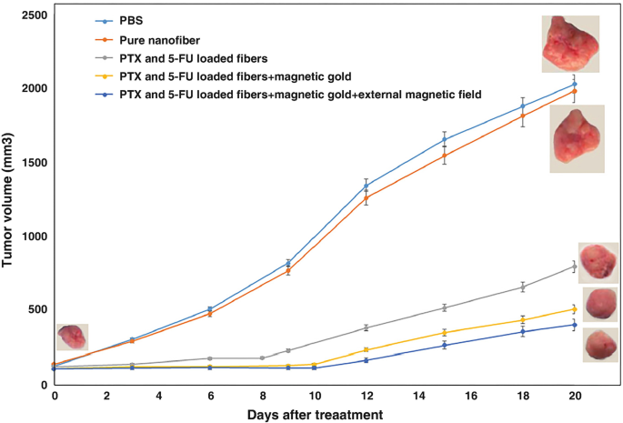 A multi-line graph with error bars plots tumor volume versus days after treatment. The values are plotted for 5 materials. 5 lines follow an increasing trend between 0 and 2100. The P B S line has the highest value at around (20, 2050). An insert of 6 photos of the tumor cell at varying sizes.