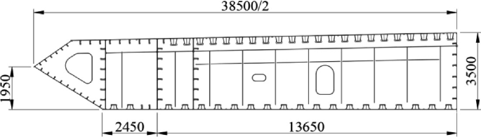 A diagram depicts the 1 over 2 standard section layout of the main beam. It has a overall length of 38500 by 2, and the width of 3500. All dimensions are in millimeters.