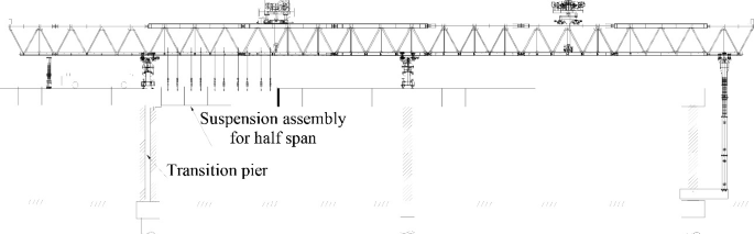 A diagram of the integral suspension assembly at the transition pier comprises the bridge with the suspension assembly for the half span on the right side of the transition pier on the bottom surface of the bridge.