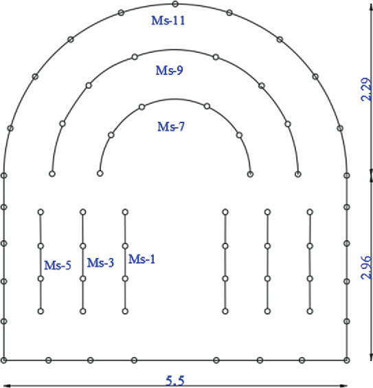 A diagram of the arrangement of gun holes. It comprises 3 semicircles marked M s-11, 9, and 7, a pair of 3 vertical lines on each side marked M s 5, 3, and 1, and a horizontal line marked 5.5. A line stretched out on the right is marked as 2.96 and 2.29 on the bottom and top respectively.