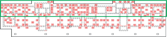 A layout plan has multiple blocks of different sizes and beams. The top portion of the plan is highlighted with a rectangular box.