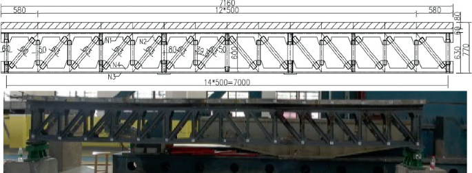 An illustration and a photograph of a steel truss concrete composite beam. The beam has a series of vertical frames and diagonal frames in between 2 adjacent vertical frames.