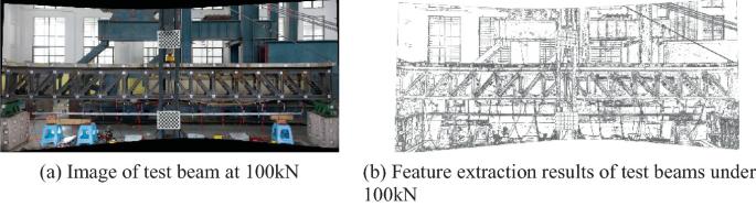 2 photographs of a steel truss concrete composite beam, and the outlines of the extracted features along the beam.