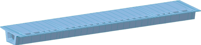 An illustration presents a 3-D beam model. It has a long U-shaped beam with a flat surface on its top and lines all over it.