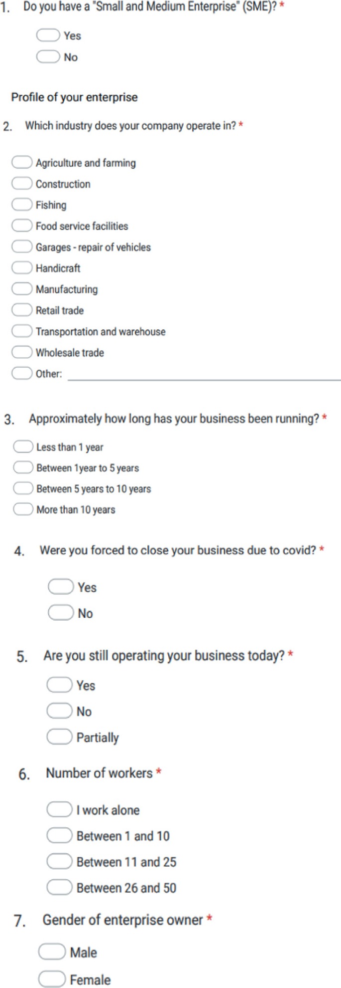 The screenshot of a questionnaire with 7 questions asking for the following details. 1. Profile of the enterprise. 2. Industry that the company operates in. 3. Tenure of the business. 4. Closure due to COVID. 5. Business still operational or not 6. The number of workers. 7. Gender of the owner.