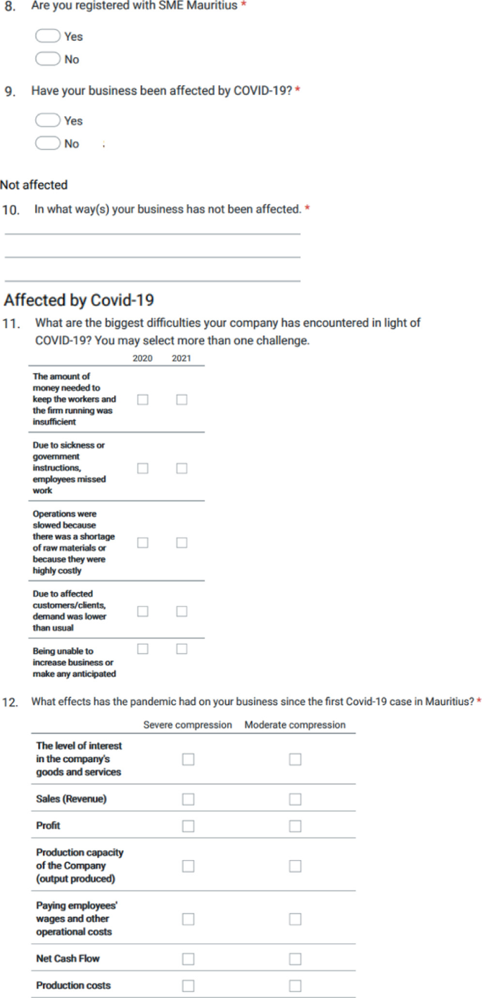 A screenshot of a multiple choice questionnaire with questions marked 8 to 12 asks for the following details. 8. Whether registered with S M E Mauritius. 9 and 10. Businesses affected or not with COVID. 11. Difficulties encountered during COVID. 12. How was the business affected during COVID?