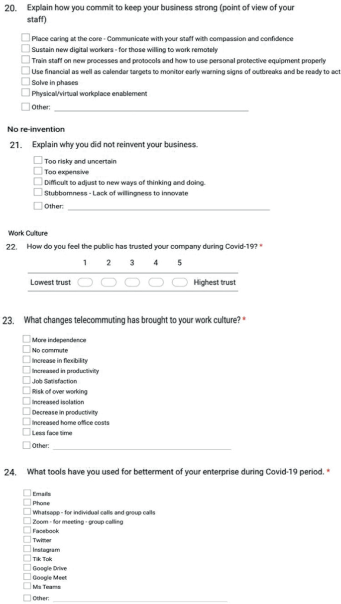 A screenshot of the multiple choice questionnaire numbered 20 to 24 asks for the following details. Ways to keep the business strong, reasons for not reinventing the business, trust score of the company, changes brought in by telecommunication, and the tools used for the betterment of the company.