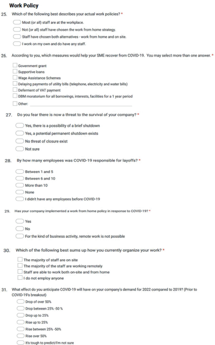 A screenshot of the multiple choice questionnaire numbered 25 to 31 asks for details about the work policy of the company. Measures that can help S M Es to recover from COVID, threats to the company, number of layoffs during COVID, availability of work from home, and present status of the company.