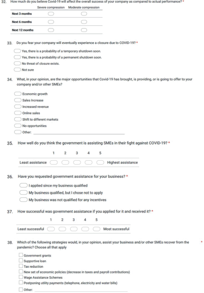 A screenshot of a multiple choice questionnaire numbered 32 to 38 asks for the following details. Variation from the actual performance due to COVID, probability of closure, opportunities brought in by the COVID situation, government assistance, and strategies that would help S M Es to recover.