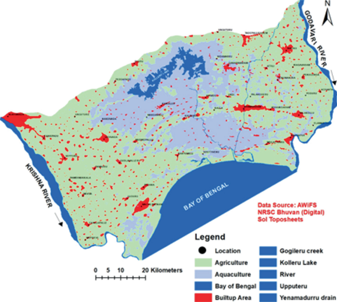 A spatial map presents the surface distribution in square kilometers. It indicates the land used for or land cover in locations, bay of Bengal, agriculture, aquaculture, and built-up area, along with Kolleru lakes, and rivers Krishna, and Upputeru.