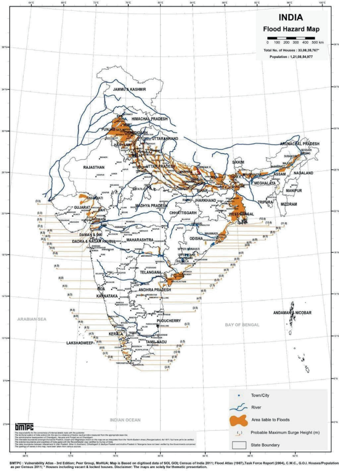 An outline map of India for flood hazards. The areas liable to floods are highlighted in the northeastern, western, and southwestern regions.