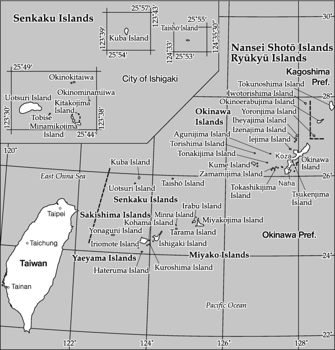 A location map of the Senkaku Islands. They lie to the east of Taiwan, south of the city of Ishigaki, and southwest of the Okinawa, Nansei Shoto, and Ryukyu islands.