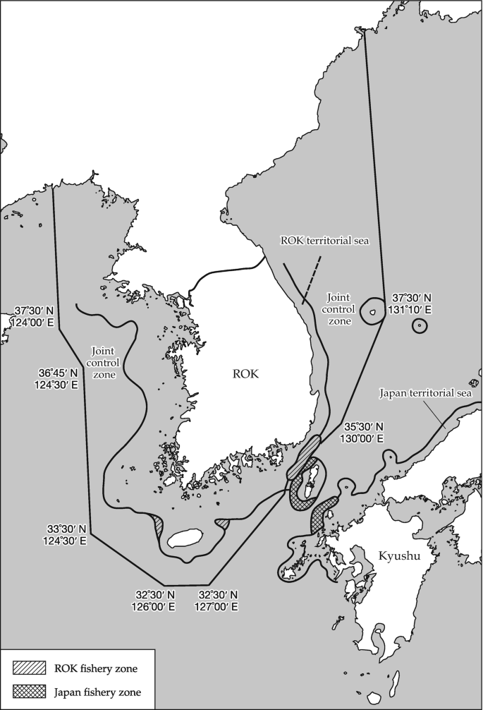 A map of Japan-R O K fishery agreement. R O K is at the center with more territorial sea to the west than the east and surrounded by the joint territorial zone. R O K fishery zone is a small stretch on the southeast and the Japan fishery zones are scattered patches to the southeast of the latter.