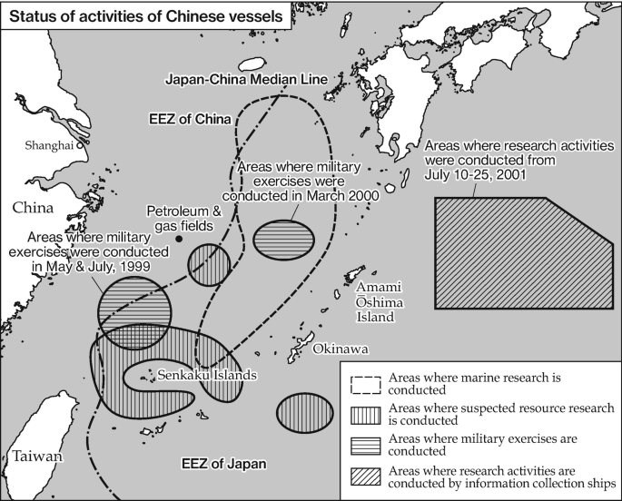 A map of the high seas with China and Taiwan to the west and the E E Z of Japan to the southeast. Marine research and military exercise areas are to the south of the E E Z of China. Suspected resource research is a little to the northeast of Taiwan and northwest of the E E Z of Japan.
