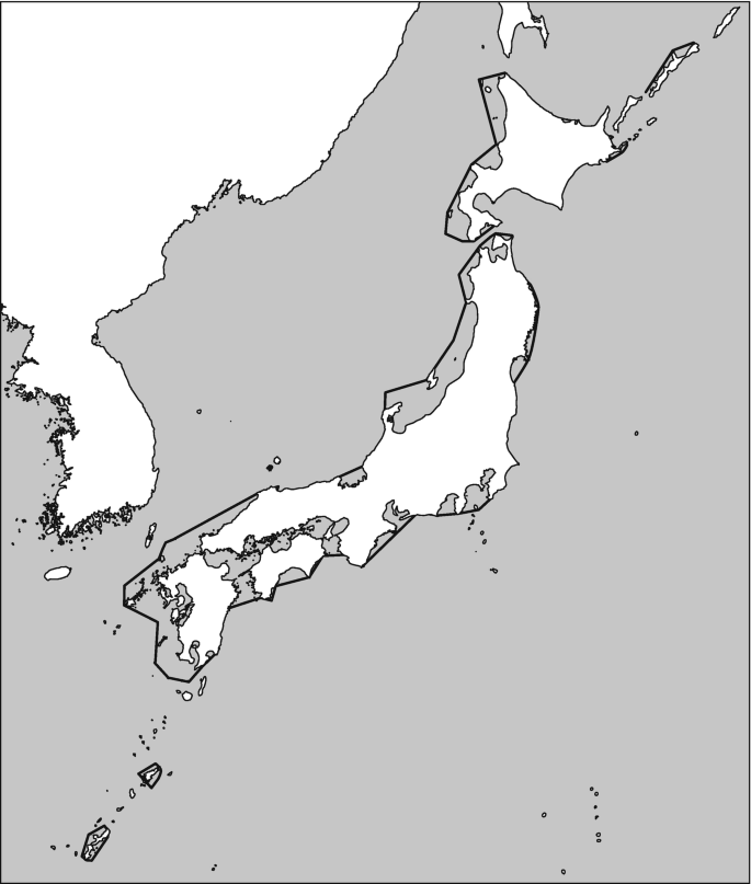 A map of Japan. A straight baseline runs outside the uneven coastal fringes of land boundary around the island country.