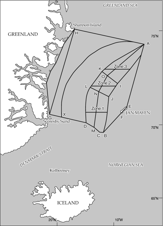 A map of the border between Greenland and Jan Mayen. A K L D is a convex curve drawn between another convex curve A X, closer to Greenland on the left, and a right oblique, inverted L-shaped line, A I J B, closer to Jan Mayen, on the right.