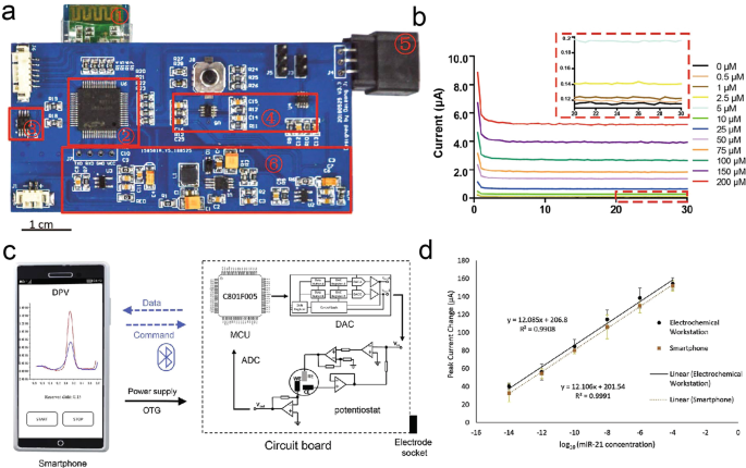 Four illustrations labeled from A to D. A depicts a D P A system with markings from 1 to 6. b is a graph for D P A measurement of current in mu A. c depicts a smartphone that gives command and receives data from a circuit board. d plots peak current change versus log 0. It has a diagonal line.