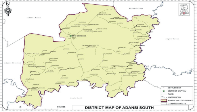 A district map of Adansi South. It features settlement, district capital, road, water body, Adansi south district, and other districts. It marks new edubiase in the center.