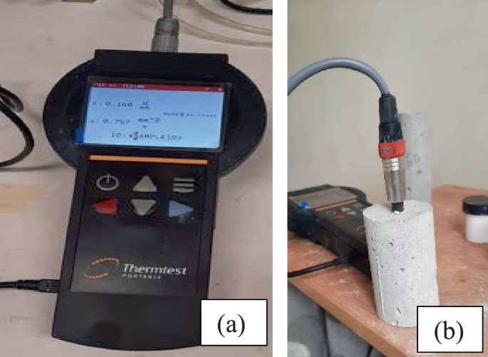 2 photographs of the digital display thermal conductivity meter and the T L S-100 probe inserted into the test specimen.