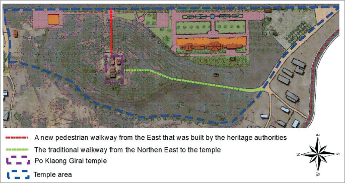 An overview map illustration depicts the traditional walkway from the northern east, a new pedestrian walkway from the east that was built by the heritage authorities, Po Klaong Girai temple, and the temple area.