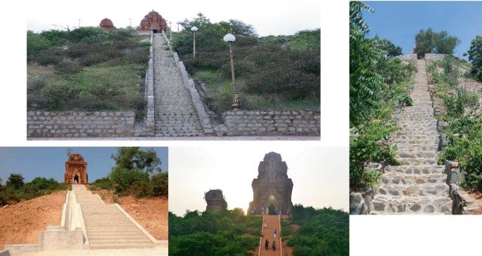 Four photographs. Two of them depict stone-cut stairs leading to the temple while the other two photos depict neatly constructed stairs leading to the temple.