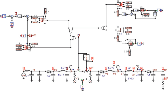 A circuit diagram. The disconnector on or off capacitive load circuit simulation model. The logic judgment model is located at the top of the topology.