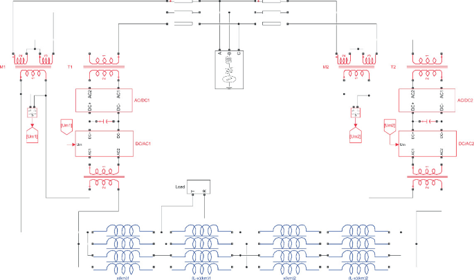 A circuit diagram presents the traction substation topology and P E T control strategy of the networked traction power supply system. It comprises the A-C to D-C converter, transformers, and load.