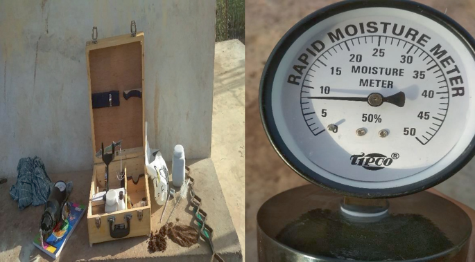 A photo of a wooden box with multiple compartments and different tools. Some tools, cloth, a soil sample, and a rapid moisture meter are on the ground. The right side has a photo of the dial of a rapid moisture meter.