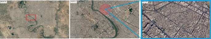 3 satellite photos. 1. Photo of Baghdad city. 2. Photo of Baghdad city highlights the historical urban quarter. 3. Photo of the historical urban quarter.