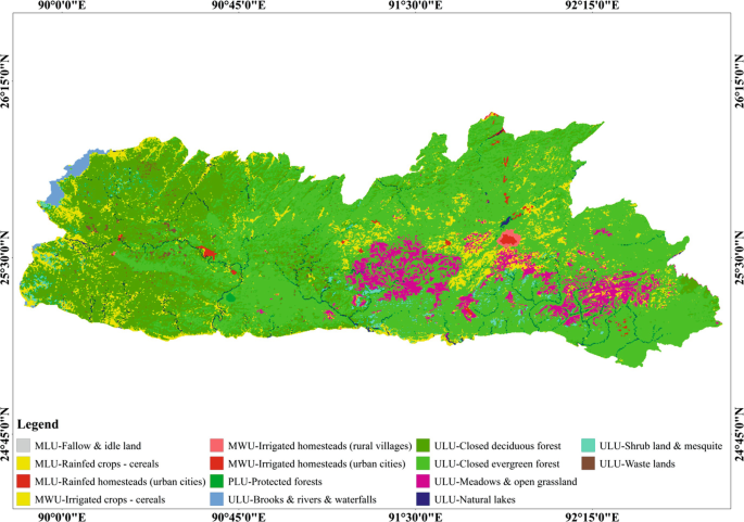 A map of Meghalaya state in India. It highlights the places with colors for M L U fallow and idle land, M L U rainfed crops cereals, M L U rainfed homesteads in urban cities, M W U irrigated crops cereals, and 10 more.