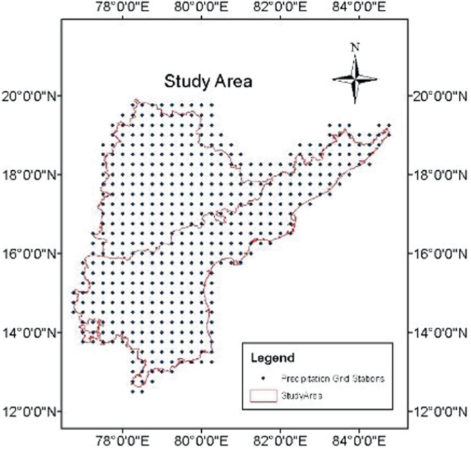 A map of the 2 Indian states of Telangana and Andhra Pradesh that represents the precipitation grid stabors as dots over the entire study area.