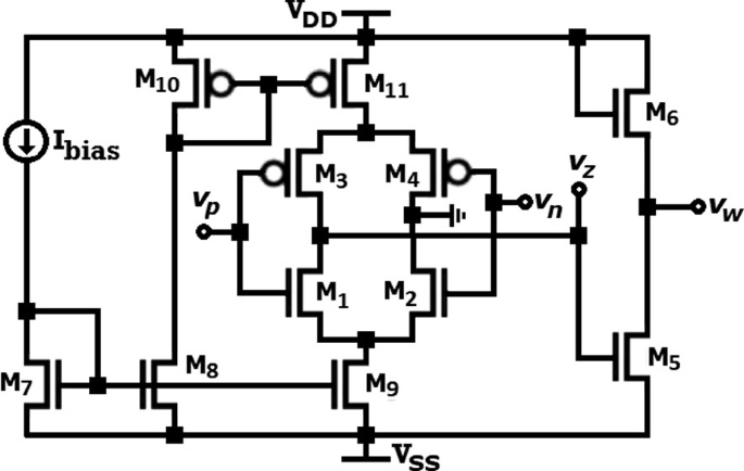 A circuit of V D I B A has transistors, current source pairs, amplifiers, and voltages, labeled V subscript D D and V subscript S S.