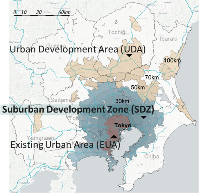 A map of Tokyo with neighboring cities. It highlights U D A, S D Z, and E U A. S D Z is 30 k m and U D A is 100 k m away from Tokyo.