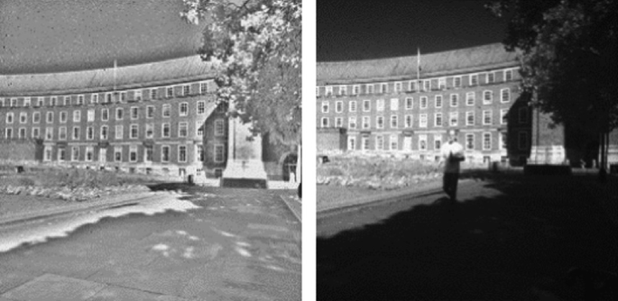 Two monochromatic photographs of a building with a road in front and trees on the side. The left photo is with H D R and the right one is without H D R. The dark and lit areas are clearly visible in the H D R photo.