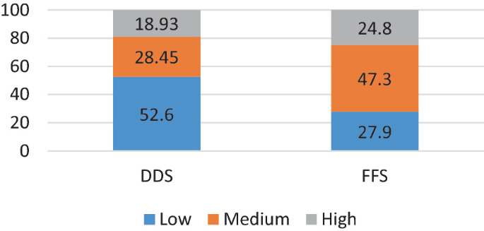 A stacked bar graph compares the percentage of household food security status versus D D S and F F S. The bars are stacked for low, medium, and high levels. The majority of the households have low D D S and medium F F S.