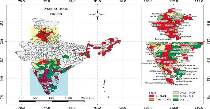 A map of India depicts the scale of district-level crop insurance in different shades. A zoomed-in view of the northern and southern states is on the right.