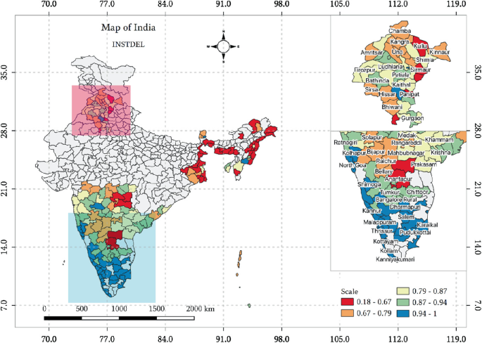 A map of India presents the institutional delivery distribution at the district level on a scale indicated by different shades. A zoomed-in view of the northern and southern states is on the right.