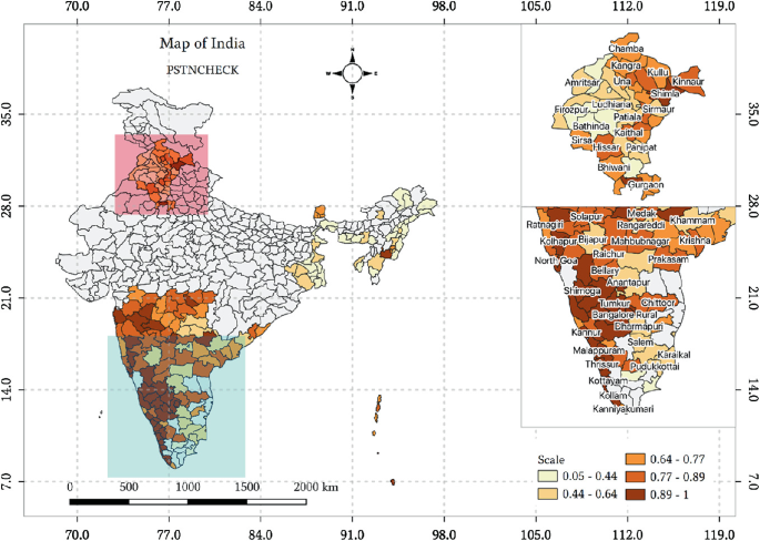 A map of India depicts the postnatal checkups that women undergo at the district level on a scale indicated by different shades. A zoomed-in view of the northern and southern states is on the right.