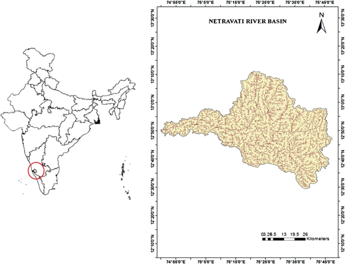 A set of 2 maps. The first map is a map of India with the location of Netravati River basin marked in the south. The second map is of the Netravati River basin.