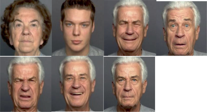 Seven photographs depict human faces expressing various emotions.