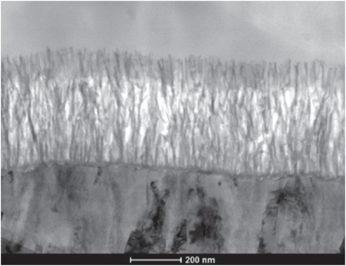 A micrograph with a scale bar of 200 nanometers. It presents that P P S has only penetrated the upper part of the layer.