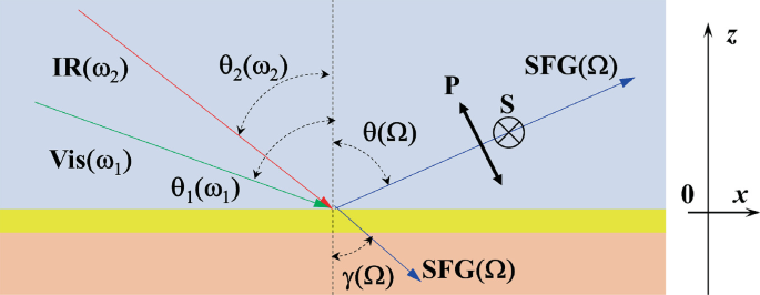 A schematic diagram defines light polarization used in S F G spectroscopy and treats one output light and two incident lights where s represents polarization perpendicular to the incidence plane and p represents polarization parallel to the plane of incidence.