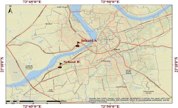 A map of Surat plots the locations of schools A and B marked with a flag symbol. School A is located across the six-lane arterial road.