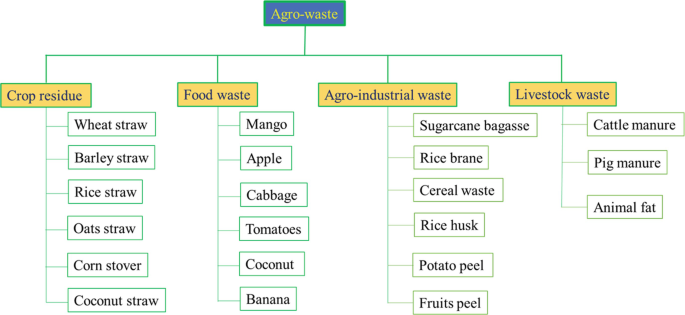 A classification chart lists the 4 types of agro-waste along with their sources. They are crop residue, food waste, agro-industrial waste, and livestock waste. Some of the respective sources are wheat and barley straw, mango and apple, cereal waste, rice husk, and cattle manure, respectively.